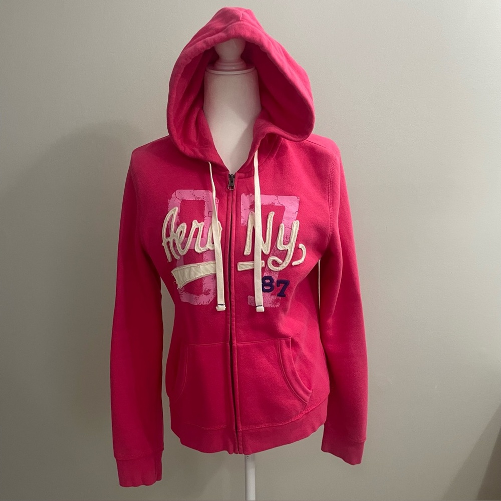 Aeropostale Y2K Pink Hoodie Full Zip  Embroidered Spellout Sz L Long Sleeve